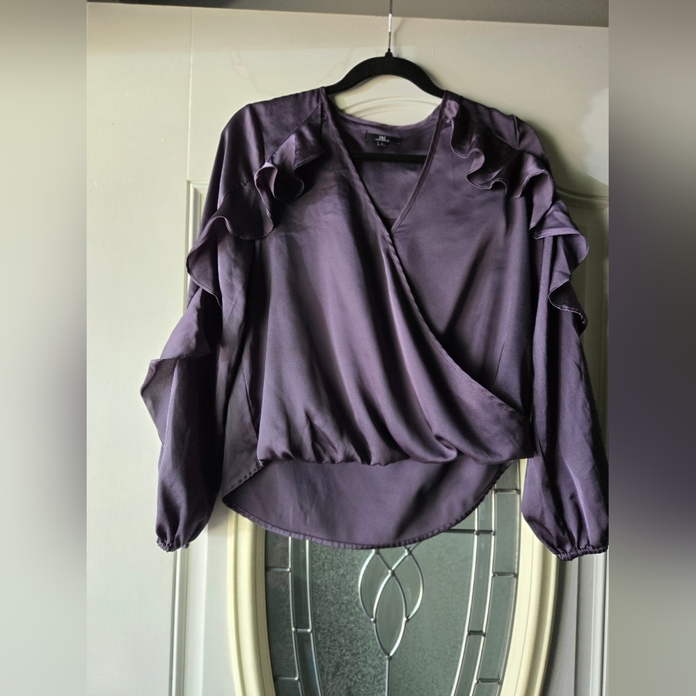 My‎ Michelle Deep Purple Wrap Ruffle Blouse - Size Small